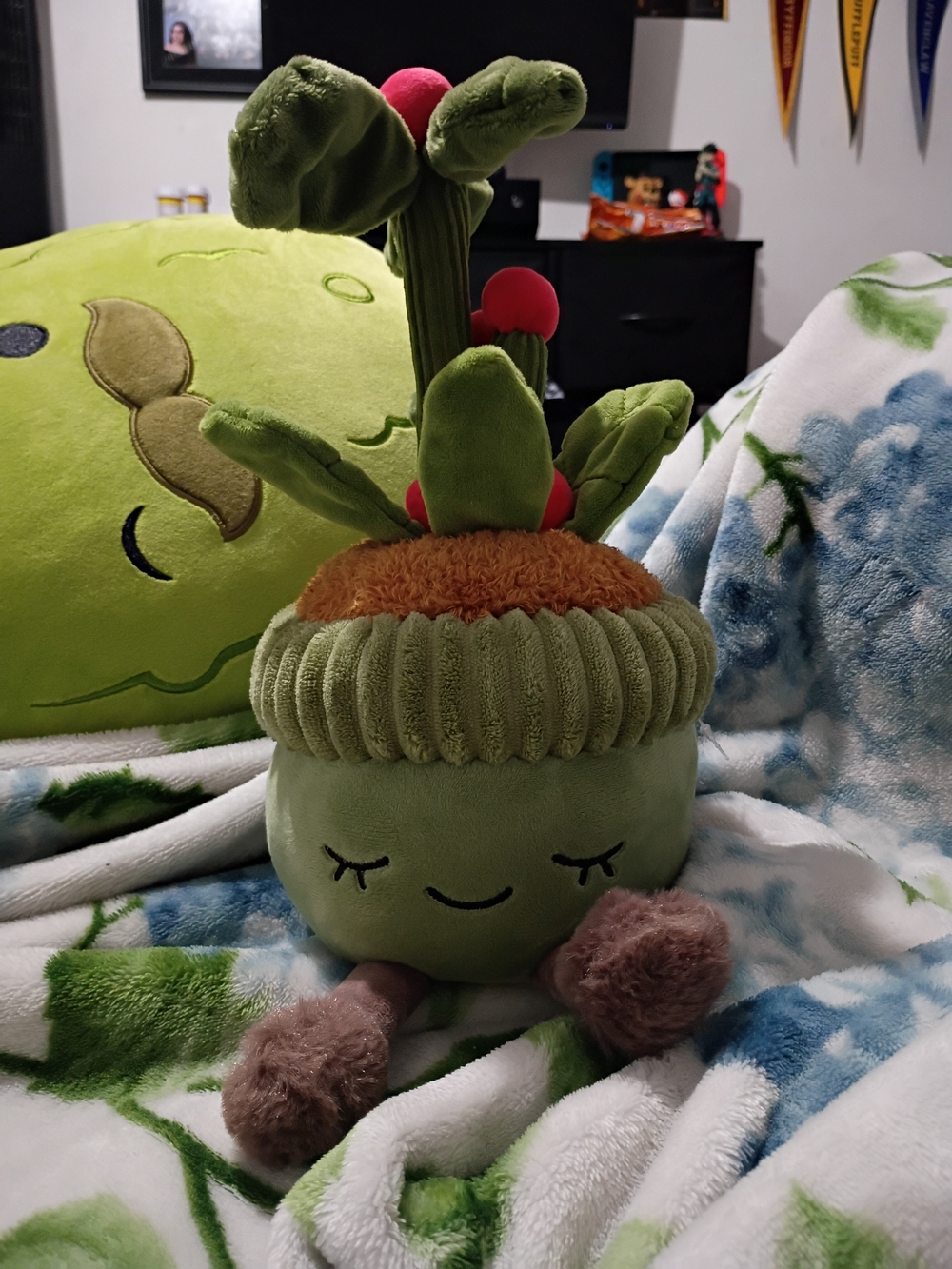 Plush Green Succulent Accent Pillow with Red Berry Details